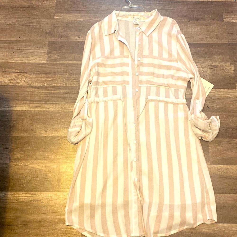 Passport size small striped Ivory/ taupe color mid dress
